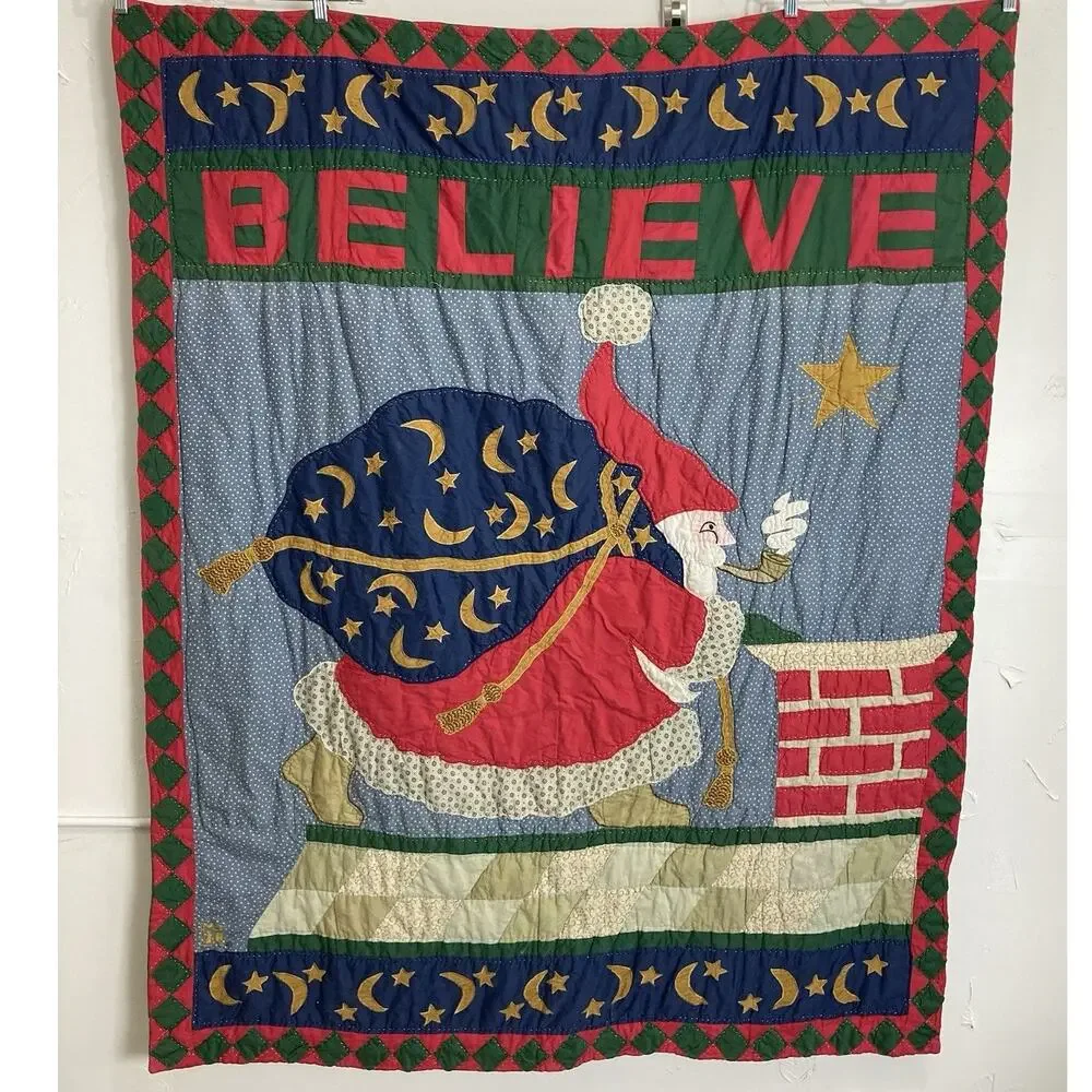 Vintage Folk Santa Christmas Art Wall Hanging Quilted Mary engelbreit Chimney ME